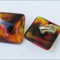 Faux Tortoise shell plastic clip earrings squares 1 1/8" side vintage