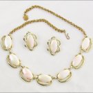 Necklace clip earrings plastic pink stones vintage jewelry set
