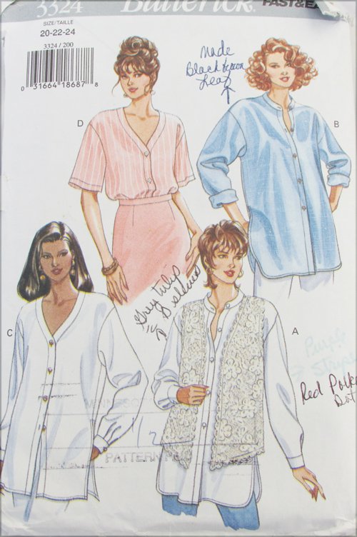 Butterick 3324 misses blouse & vest sizes 20 22 pattern