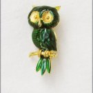 Green enamel owl pin vintage 1 1/2" long gold tone back unmarked