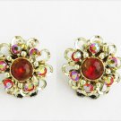 Iridescent red rhinestones and bead clip earrings vintage flower 3/4" Iridescent red rhinestones and bead clip earrings vintage flower 3/4"