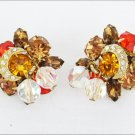 Clip earrings amber rhinestones crystal beads vintage crescent overlay