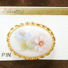 Painted porcelain pin oval white pink blue flowers on Alabaster brand card new Painted porcelain pin oval white pink blue flowers on Alabaster brand card new
