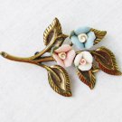 Vintage china rose pink white blue flower pin and brass leaves brooch Vintage china rose pink white blue flower pin and brass leaves brooch
