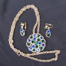 Blue green rhinestones clip earring & necklace pendant set gold tone link chain Blue green rhinestones clip earring & necklace pendant set gold tone link chain