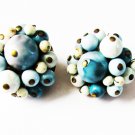 Clip earrings Japan white aqua blue beads vintage jewelry