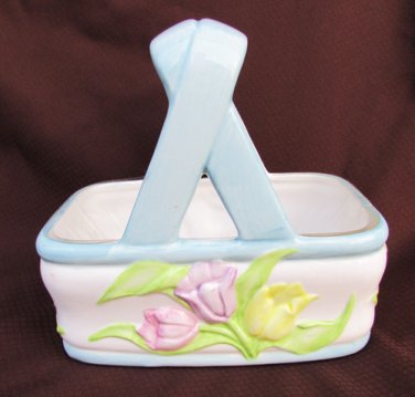 Teleflora ceramic basket Easter tulip flowers with plastic liner telaflora