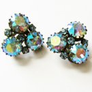 Austria made blue iridescent rhinestone earrings clip style vintage set
