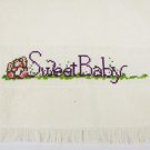 Finished cross stitch towel Sweet Baby cream purple stitching never used