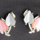 Thermoset plastic gray pink leaves vintage clip earrings silver tone setting Thermoset plastic gray pink leaves vintage clip earrings silver tone setting