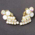 Iridescent pronged rhinestones and white stone vintage clip earrings