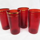 4 ruby red glass tumblers gold trim tops 4 3/4" tall vintage