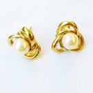 Trifari stud earrings faux pearls in clover leaf loops gold tone marked jewelry