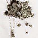 Torino teddy bear heart jewelry set child necklace earrings pin pewter