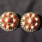 Kramer clip earrings orange coral beads gold tone setting 1 1/4 inches