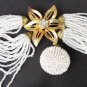 Multi strand white small beaded necklace flower clasp & clip earrings demi parure set