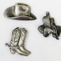 3 Cowboy Western button covers hat boots saddle metal pewter look
