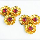 Vintage dress or shoe clips red rhinestones in brass flower settings gaudy large