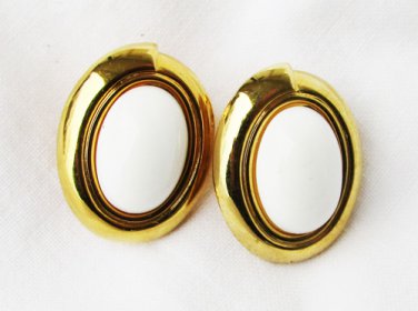 Monet white cabochon oval clip earrings gold tone setting