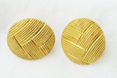 Monet button earrings gold tone tooled herringbone pattern round 3/4"