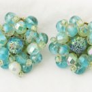 West Germany blue iridescent beads earrings clips vintage about 1" diameter West Germany blue iridescent beads earrings clips vintage about 1" diameter