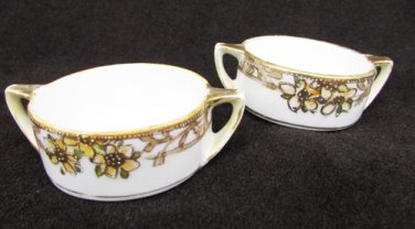 2 Nippon open salt cellars moriage edge gold gild side handles set of 2
