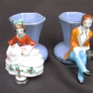 Colonial man woman toothpick holders Occupied Japan mini blue vase