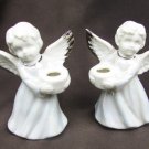 Set 2 mini angel candle holders Roman blue pearlized dresses gold trim