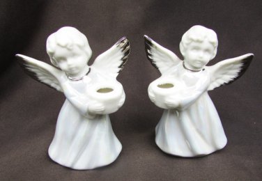 Set 2 mini angel candle holders Roman blue pearlized dresses gold trim
