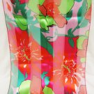 Scarf red sheer & satin stripes green leaves flowers polyester Korea 13 x 58" Scarf red sheer & satin stripes green leaves flowers polyester Korea 13 x 58"