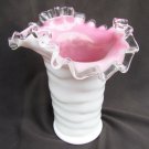 Fenton pink white silver crest vase ruffled crimped edge 5 3/4"