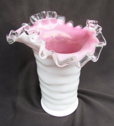 Fenton pink white silver crest vase ruffled crimped edge 5 3/4"