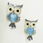 Cute owl stud earrings blue body on silver tone base 3/4" long unmarked