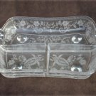 New Martinsville Viking Prelude etched glass 3 part relish dish with side handle