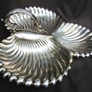 Silverplate serving dish 3 part clam shell Lunt with curved handle lovely Silverplate serving dish 3 part clam shell Lunt with curved handle lovely