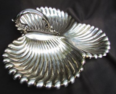 Silverplate serving dish 3 part clam shell Lunt with curved handle lovely