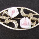 1928 double pink china rose oval pin rhinestone accents 1928 double pink china rose oval pin rhinestone accents