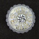 Western Germany scarf pin clip silver tone filigree flower over cream 1 1/2 inch Western Germany scarf pin clip silver tone filigree flower over cream 1 1/2 inch