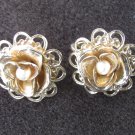 Sarah Coventry clip earrings gold tone filigree flower center faux pearl