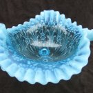 Opalescent blue footed bowl glass ruffled edge bead fan pattern old