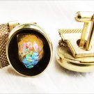 Cuff links lava volcano glass stone fire yellow gold tone mesh band black oval Cuff links lava volcano glass stone fire yellow gold tone mesh band black oval