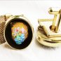 Cuff links lava volcano glass stone fire yellow gold tone mesh band black oval