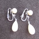 Trifari crown pearl dangle clip earrings silver tone setting Trifari crown pearl dangle clip earrings silver tone setting
