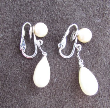 Trifari crown pearl dangle clip earrings silver tone setting