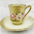 Golden gilded cup saucer three crown china Germany demitasse painted roses