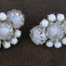 White bead milk glass earrings Gale mark clip on silver tone setting vintage