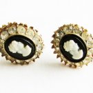 Coro black cameo rhinestone earrings screw back marked jewelry vintage