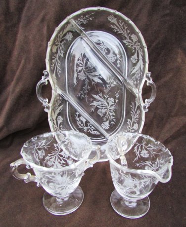 Fostoria Heather 3 part serving dish & cream sugar bowl etched glass