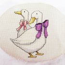 Finished cross stitch two geese goose with purple & pink bow oval unframed