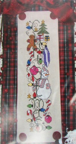 Cross stitch pattern Christmas Streamer banner - threads & beads snowman tree